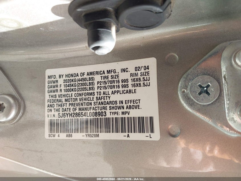 HONDA ELEMENT 2004 VIN 5J6YH28654L008903