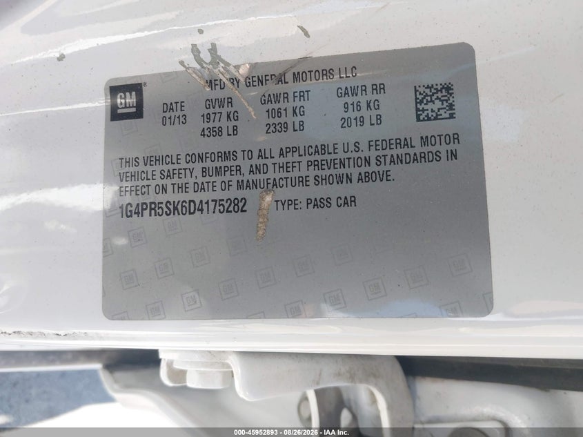 BUICK VERANO 2013 VIN 1G4PR5SK6D4175282
