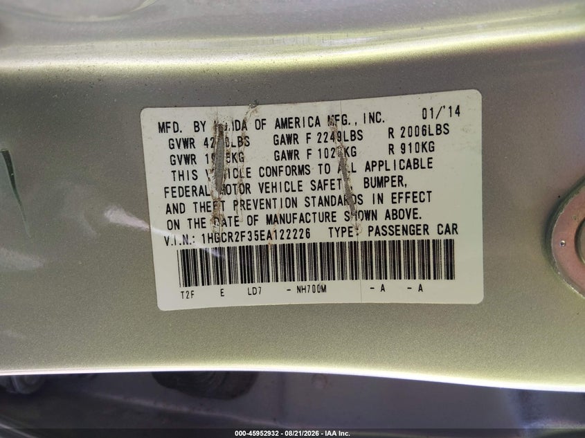 2014 HONDA ACCORD SEDAN 2.4L I-4 DI, DOHC, VVT, 185HP