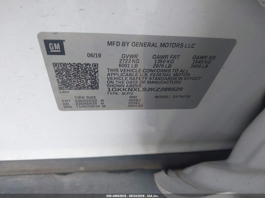 GMC ACADIA 2019 VIN 1GKKNXLS2KZ289529