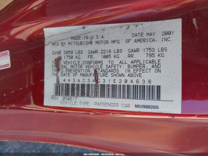 2001 MITSUBISHI ECLIPSE COUPE 2.4L I-4 REGULAR , 147HP