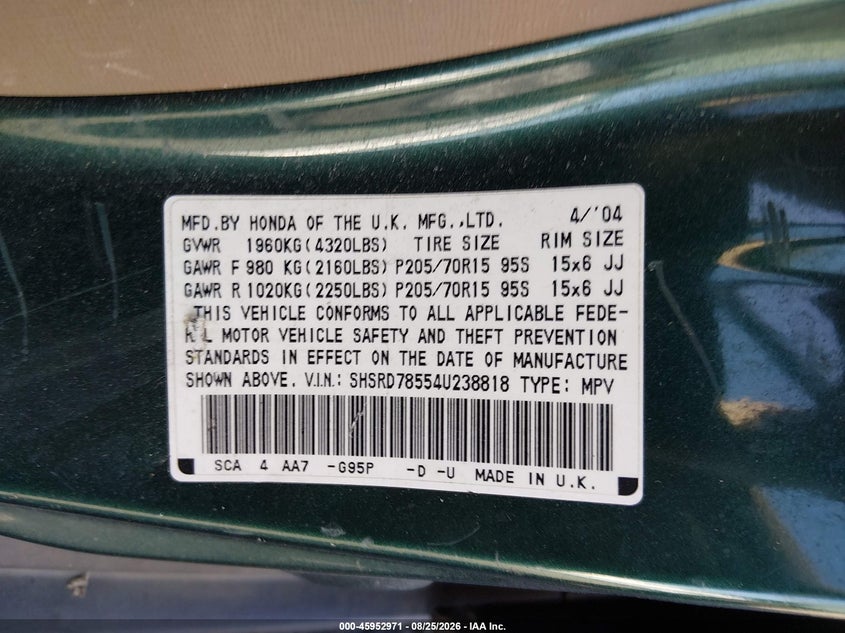 2004 HONDA CR-V SPORT UTILITY VEHICLE 2.4L I-4 DOHC, VVT, 160HP