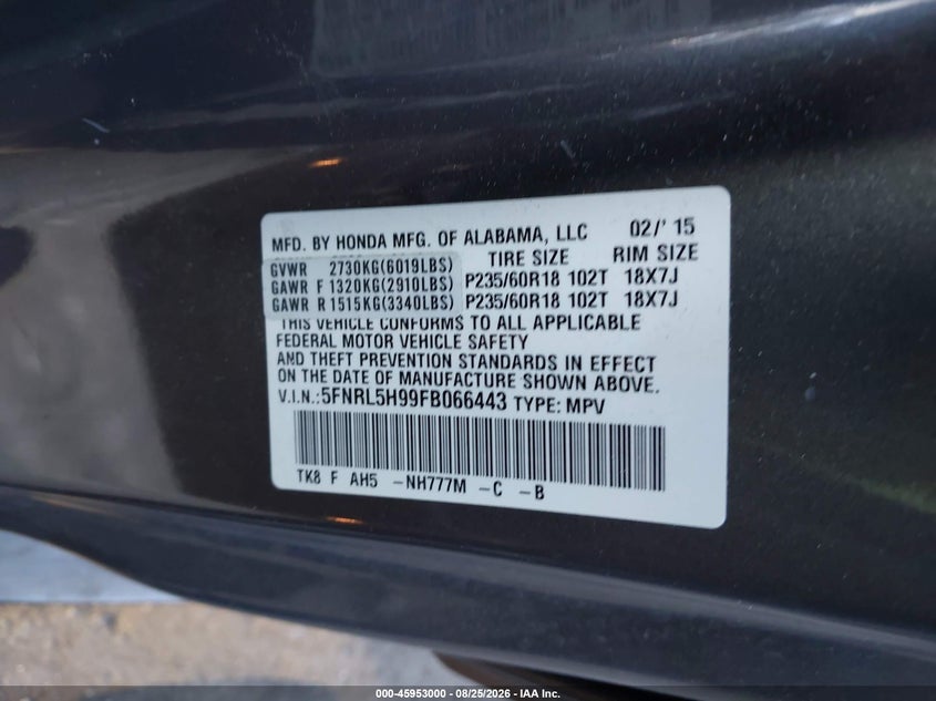HONDA ODYSSEY 2015 VIN 5FNRL5H99FB066443