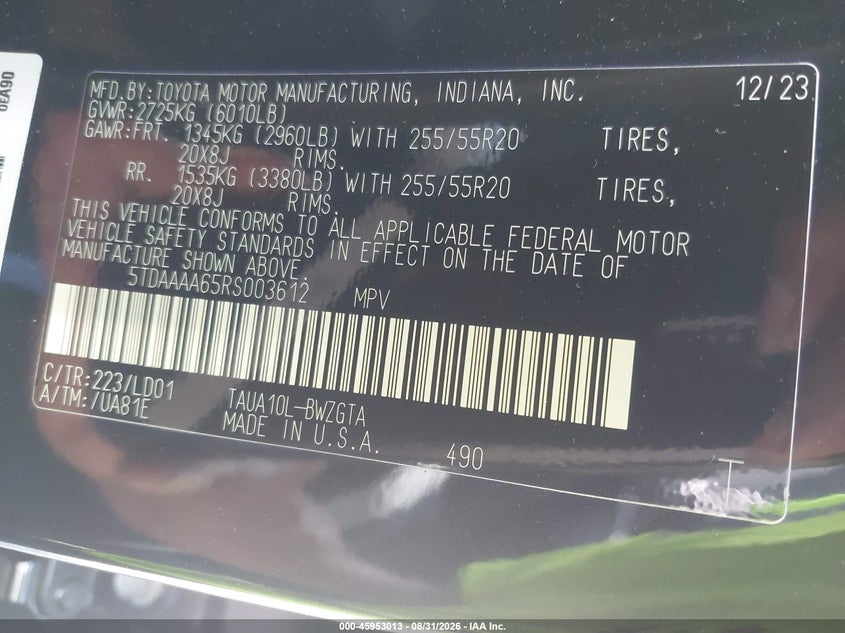 LEXUS TX 350 2024 VIN 5TDAAAA65RS003612
