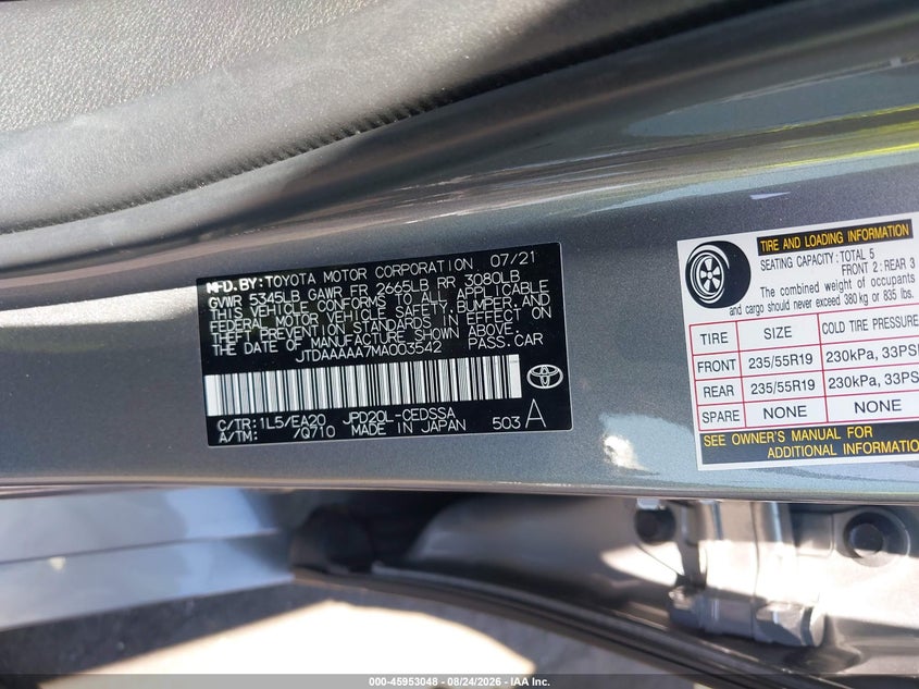 TOYOTA MIRAI 2021 VIN JTDAAAAA7MA003542