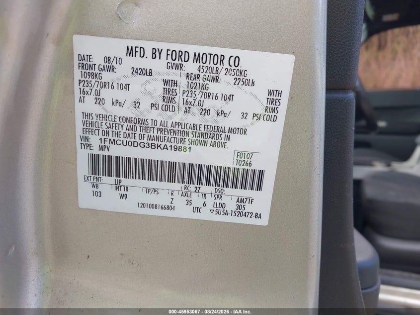 FORD ESCAPE 2011 VIN 1FMCU0DG3BKA19881