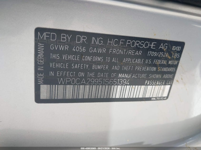 PORSCHE 911 2001 VIN WP0CA29951S651394