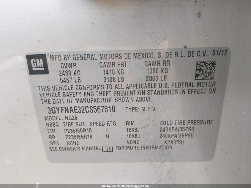 CADILLAC SRX 2012 VIN 3GYFNAE32CS567810