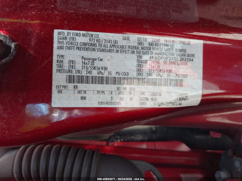 FORD FOCUS 2014 VIN 1FADP3F2XEL263194
