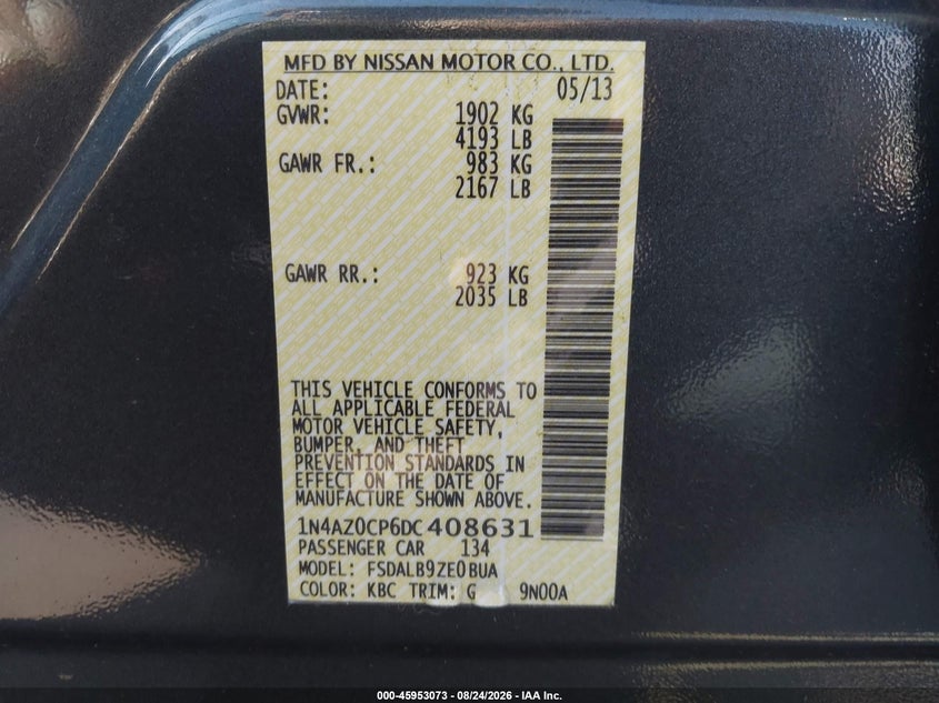 NISSAN LEAF 2013 VIN 1N4AZ0CP6DC408631