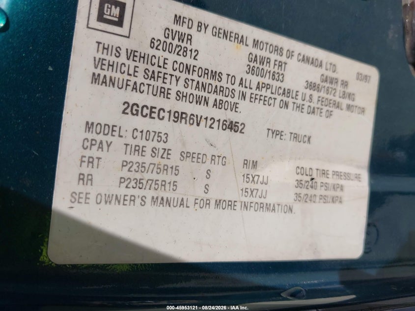 CHEVROLET C1500 1997 VIN 2GCEC19R6V1216452