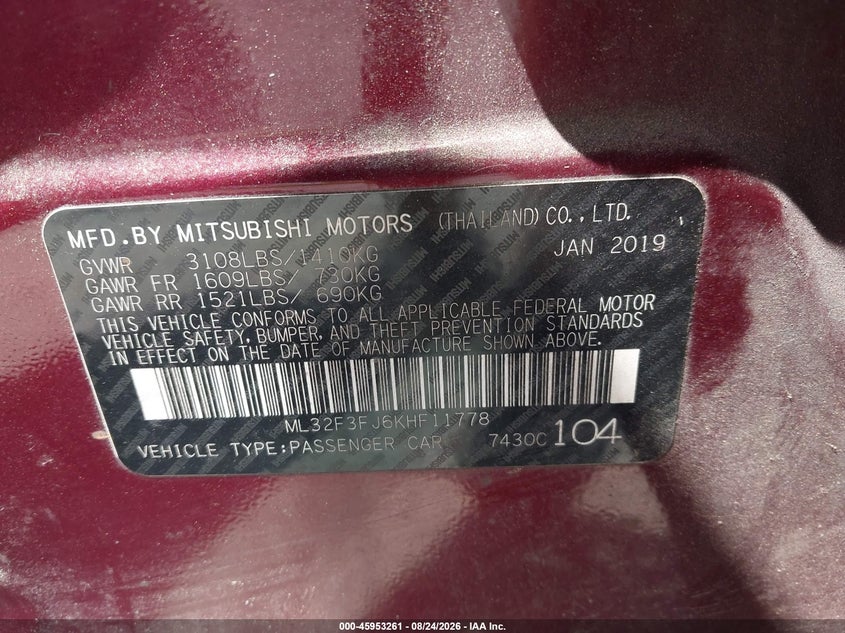 2019 MITSUBISHI MIRAGE SEDAN 1.2L I-3 DOHC, VVT, 78HP