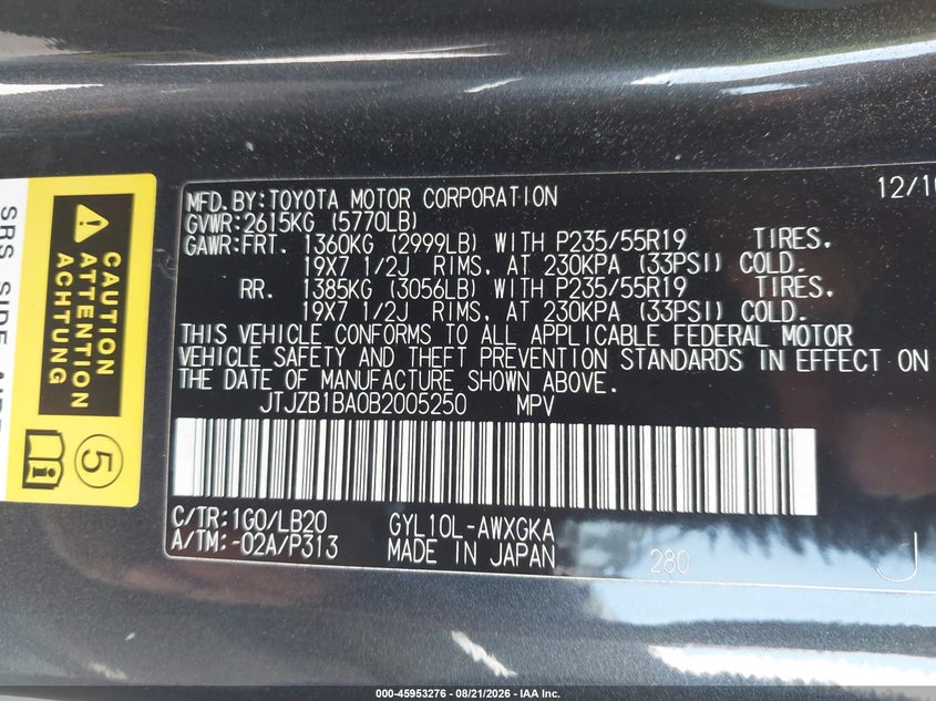 LEXUS RX 450H 2011 VIN JTJZB1BA0B2005250