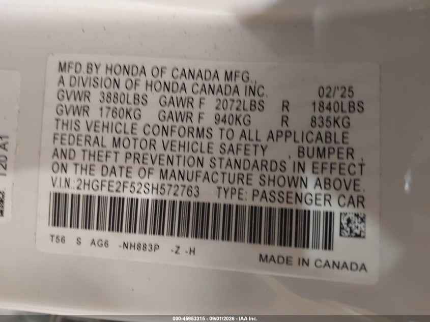 HONDA CIVIC 2025 VIN 2HGFE2F52SH572763