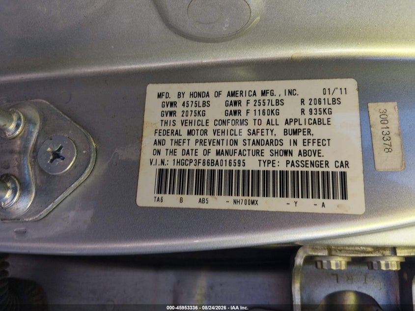 2011 HONDA ACCORD SEDAN 3.5L V-6 VVT, 271HP