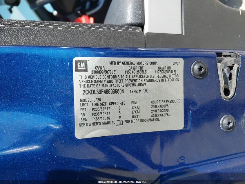 PONTIAC TORRENT 2008 VIN 2CKDL33F486036604