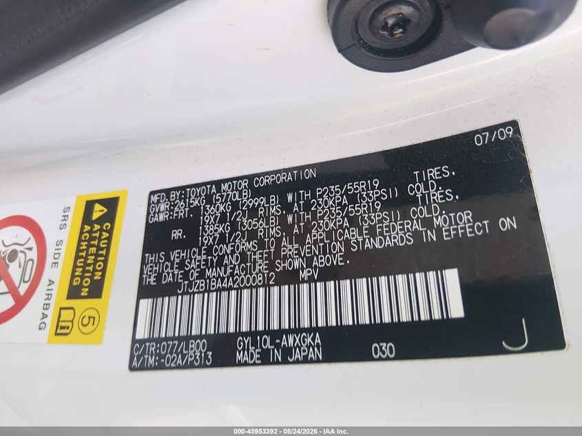 LEXUS RX 450H 2010 VIN JTJZB1BA4A2000812