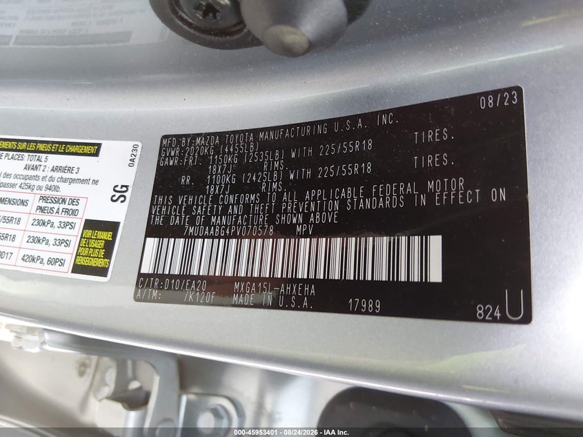 TOYOTA COROLLA CROSS 2023 VIN 7MUDAABG4PV070578