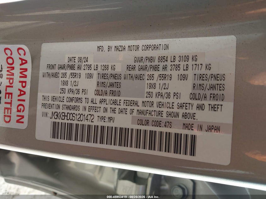 MAZDA CX-90 2025 VIN JM3KKBHD0S1201472