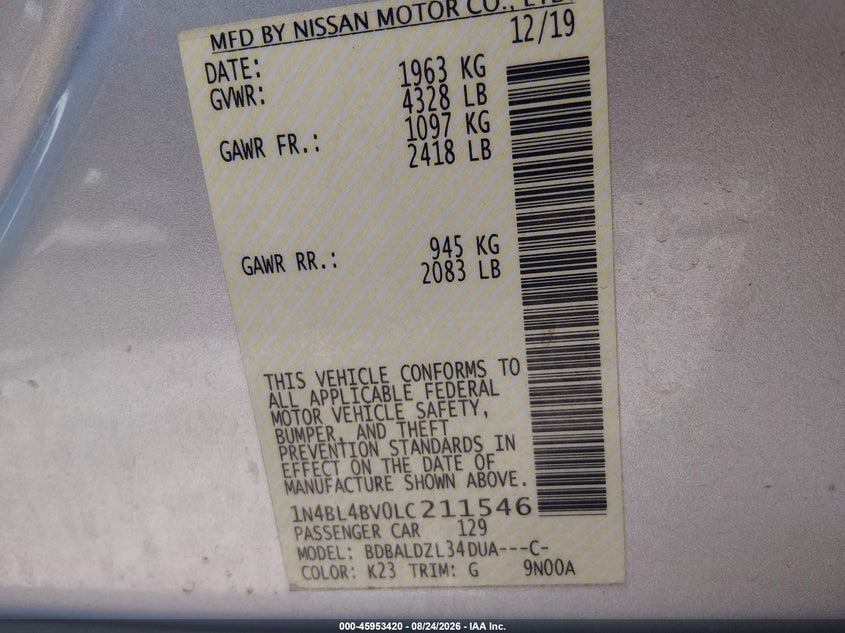NISSAN ALTIMA 2020 VIN 1N4BL4BV0LC211546