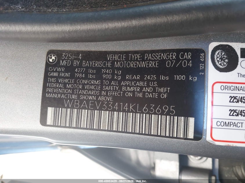 2004 BMW 3ER SEDAN 2.5L I-6 DOHC, VVT, PREMIUM , 184HP