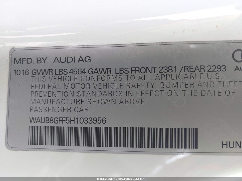 AUDI A3 2017 VIN WAUB8GFF5H1033956