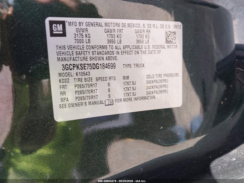 CHEVROLET SILVERADO 1500 2013 VIN 3GCPKSE75DG184699