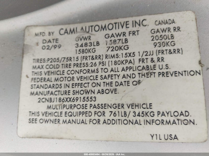 CHEVROLET TRACKER 1999 VIN 2CNBJ186XX6915553