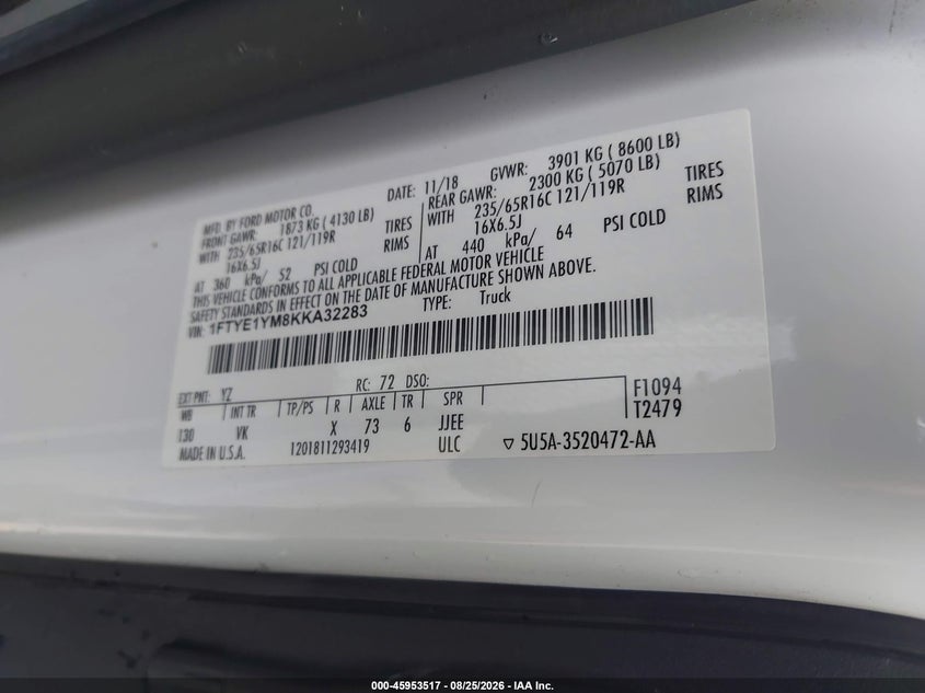 FORD TRANSIT-150 2019 VIN 1FTYE1YM8KKA32283