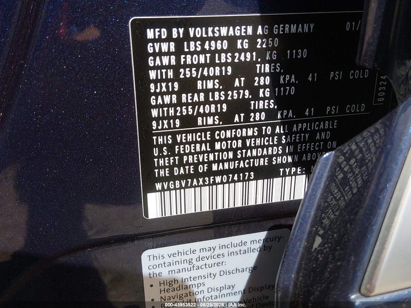 VOLKSWAGEN TIGUAN 2015 VIN WVGBV7AX3FW074173