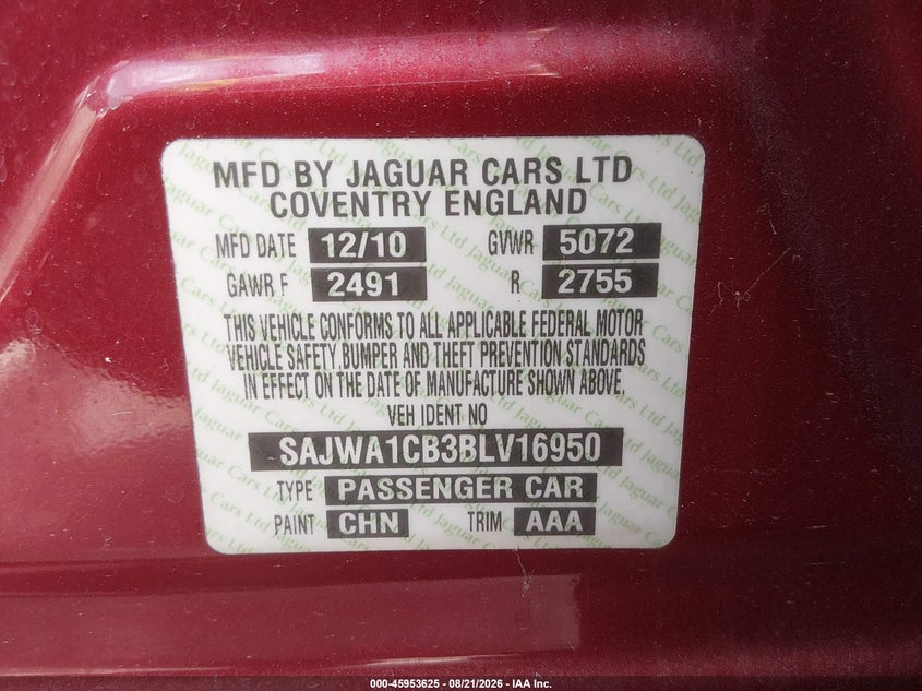 JAGUAR XJ 2011 VIN SAJWA1CB3BLV16950