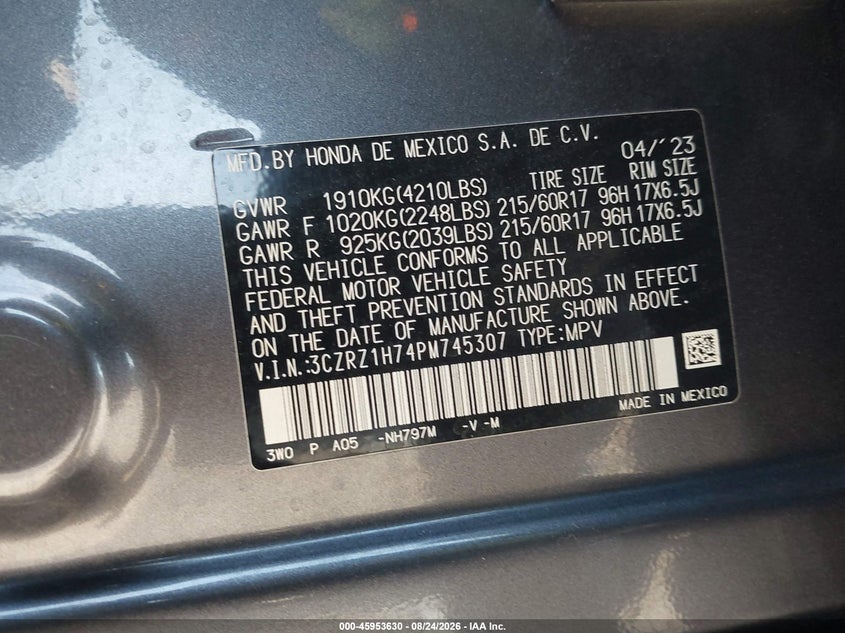 HONDA HR-V 2023 VIN 3CZRZ1H74PM745307