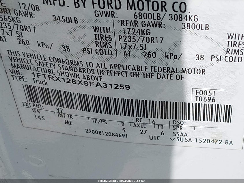 FORD F150 2009 VIN 1FTRX128X9FA31259