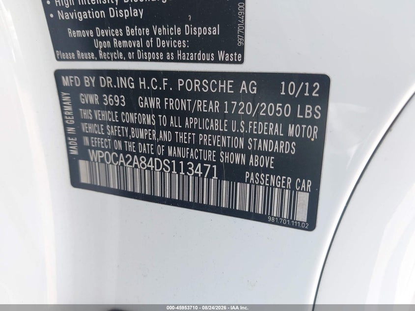PORSCHE BOXSTER 2013 VIN WP0CA2A84DS113471