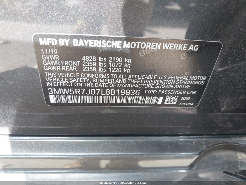 BMW 330I 2020 VIN 3MW5R7J07L8B19836