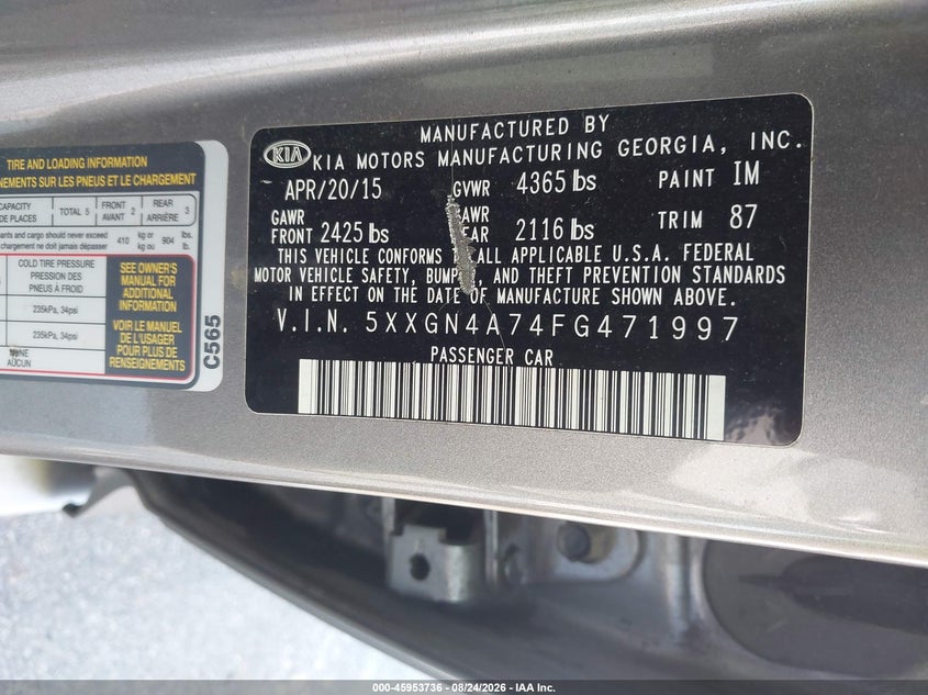 KIA OPTIMA 2015 VIN 5XXGN4A74FG471997