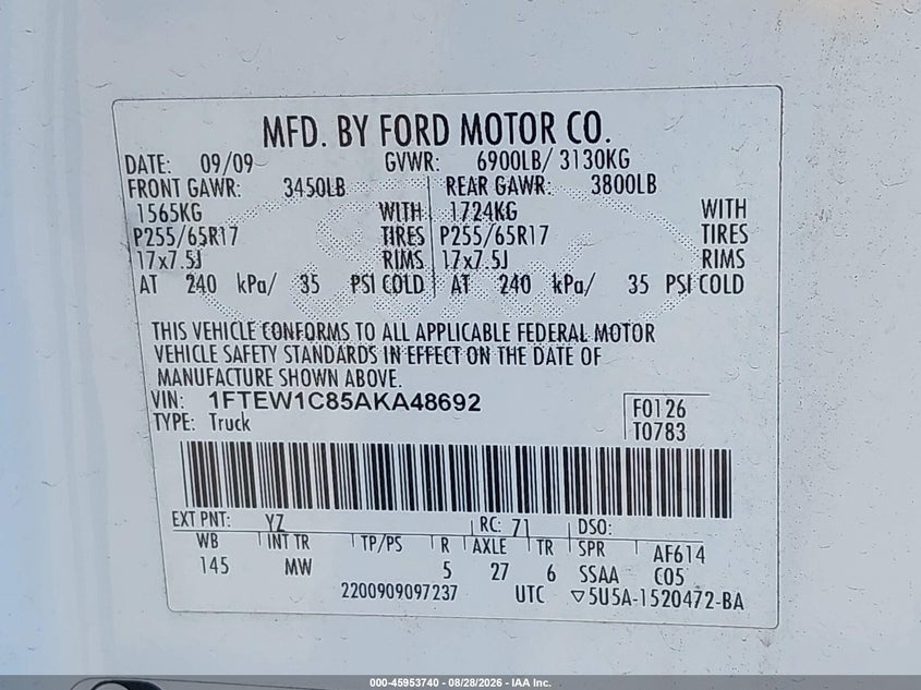 2010 FORD F-150 PICKUP 4.6L V-8 292HP