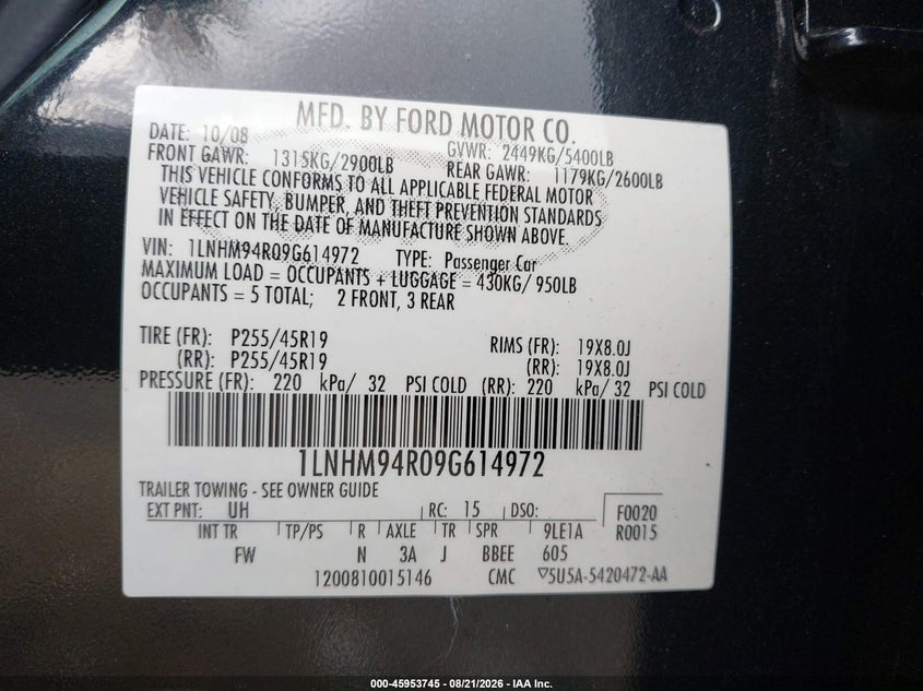 LINCOLN MKS 2009 VIN 1LNHM94R09G614972