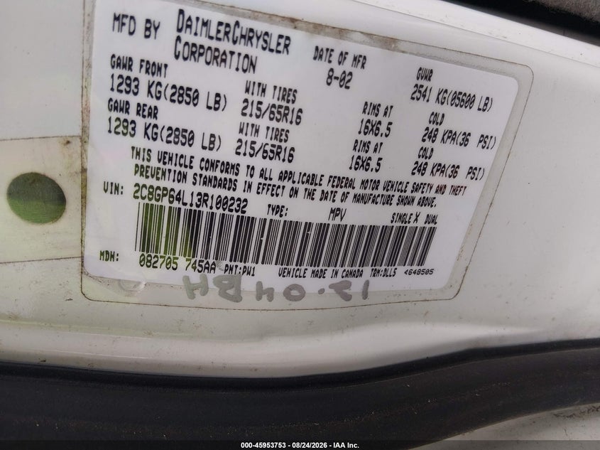 2003 CHRYSLER TOWN & COUNTRY VAN 3.8L V-6 215HP