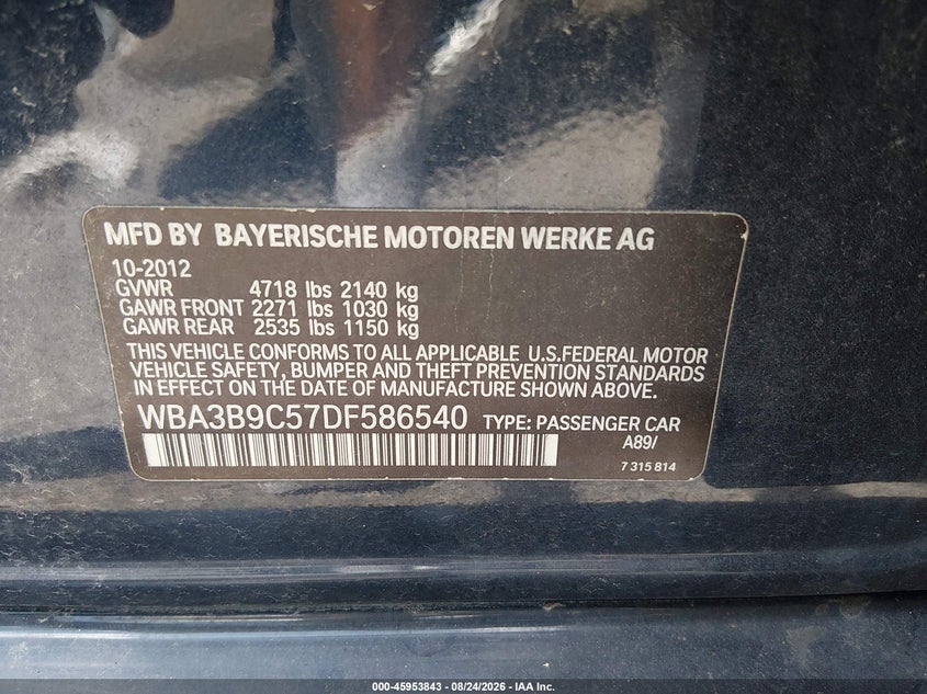 BMW 335I 2013 VIN WBA3B9C57DF586540