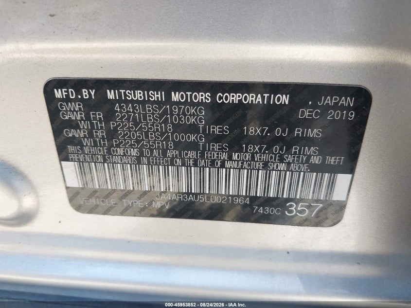 MITSUBISHI OUTLANDER SPORT 2020 VIN JA4AR3AU5LU021964