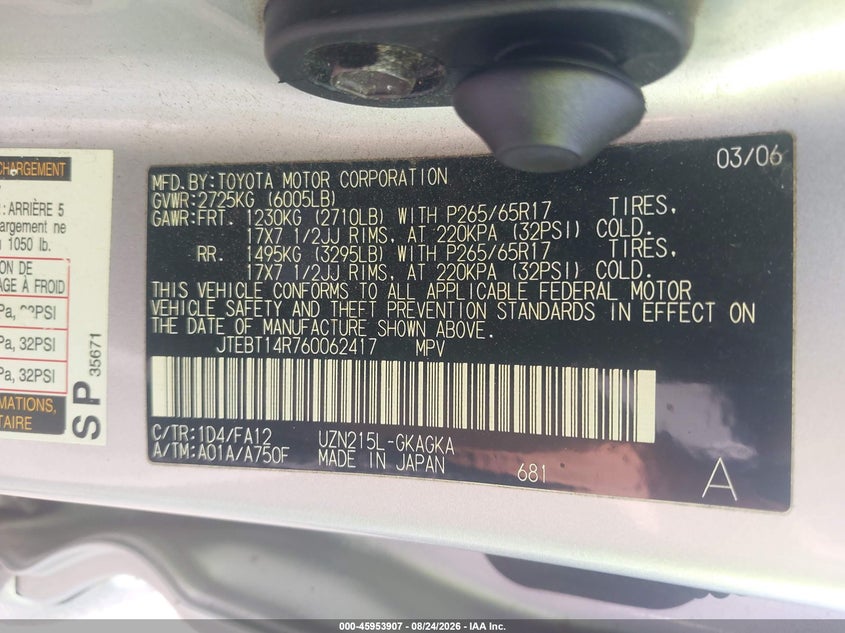 TOYOTA 4RUNNER 2006 VIN JTEBT14R760062417