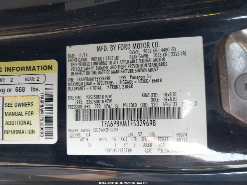 FORD MUSTANG 2015 VIN 1FA6P8AM1F5329698