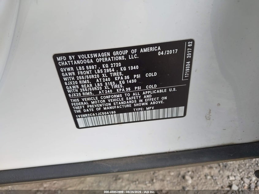 VOLKSWAGEN ATLAS 2018 VIN 1V2NR2CA1JC504180
