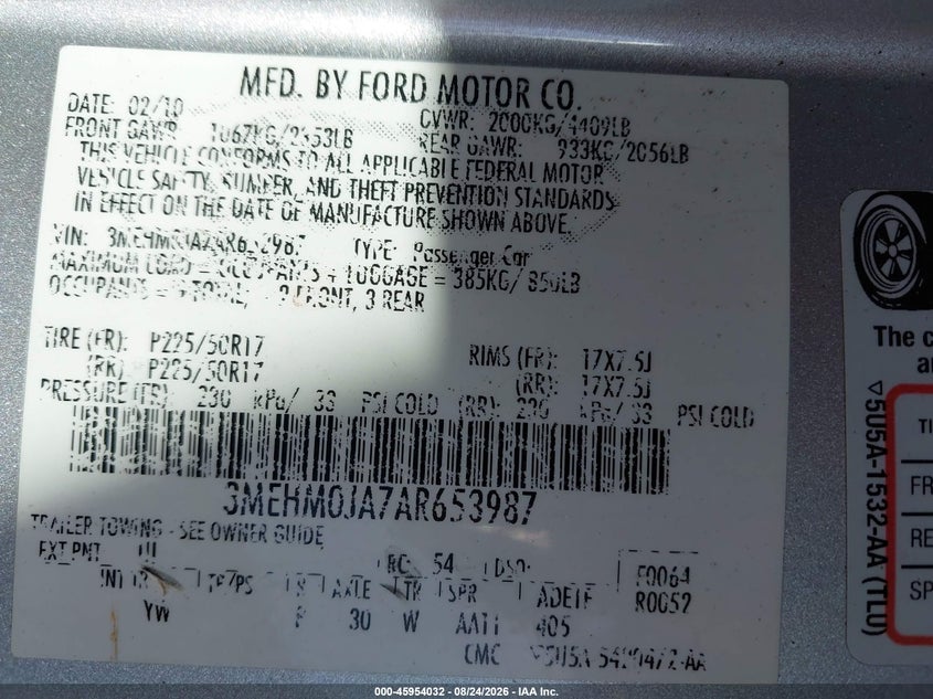2010 MERCURY MILAN SEDAN 2.5L I-4 DOHC, VVT, REGULAR , 175HP