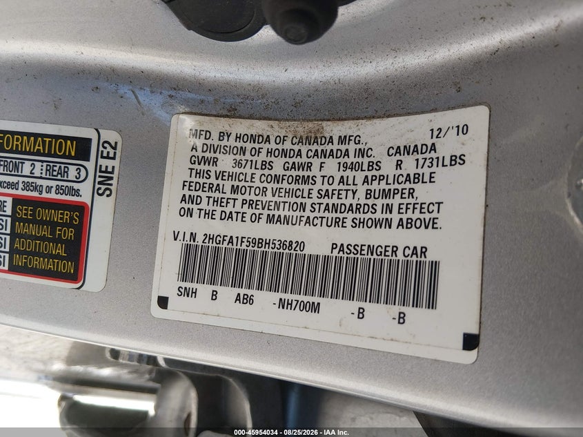 2011 HONDA CIVIC SEDAN 1.8L I-4 VVT, 140HP