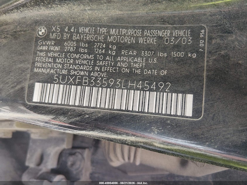 BMW X5 2003 VIN 5UXFB33593LH45492