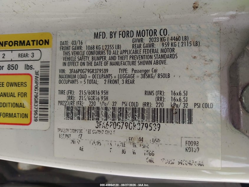 2016 FORD FUSION SEDAN 2.5L I-4 DOHC, VVT, REGULAR , 175HP