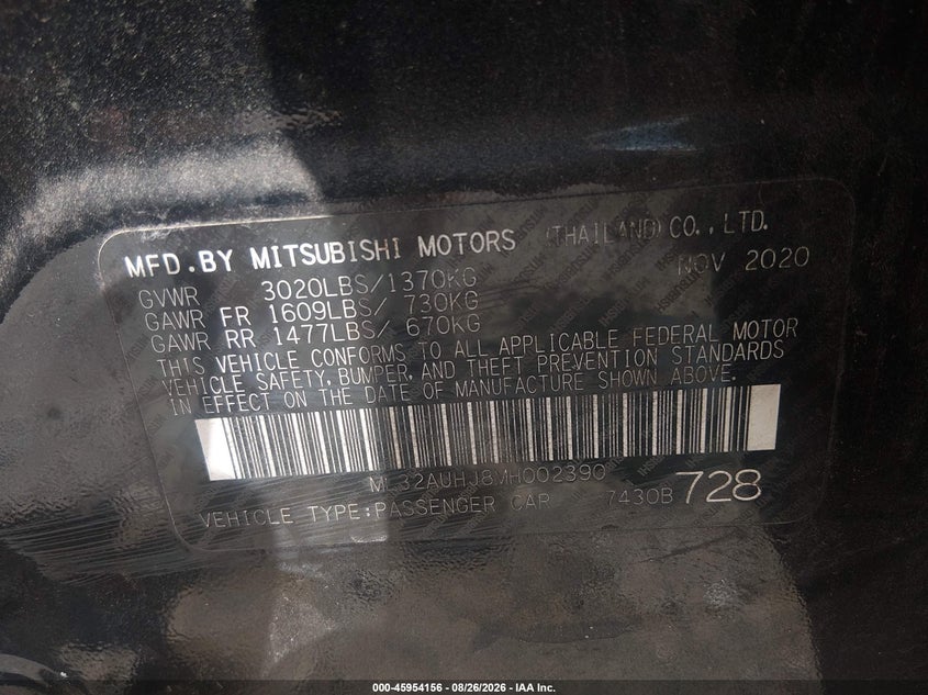 MITSUBISHI MIRAGE 2021 VIN ML32AUHJ8MH002390