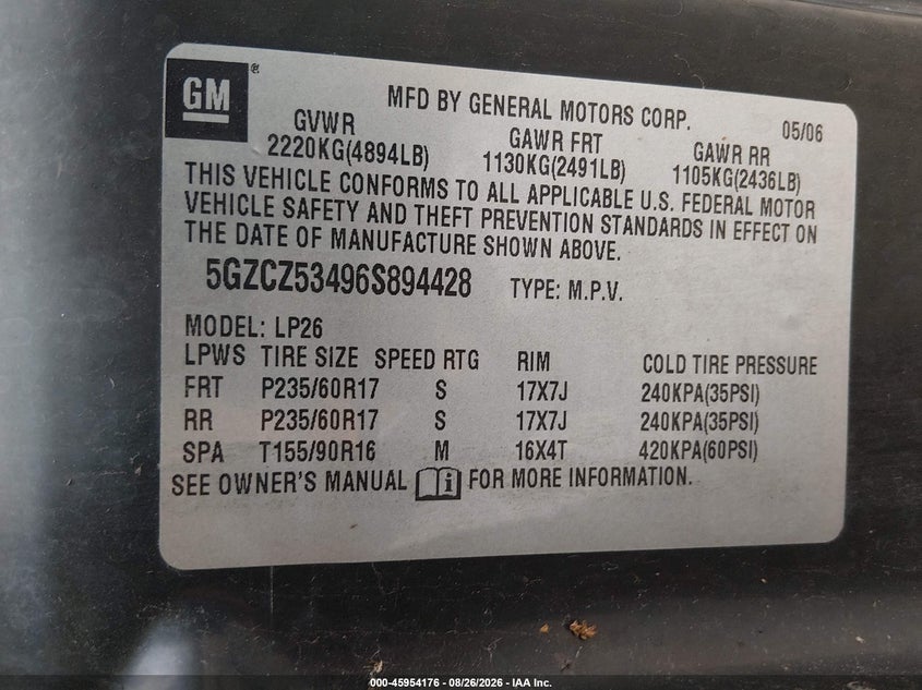 SATURN VUE 2006 VIN 5GZCZ53496S894428